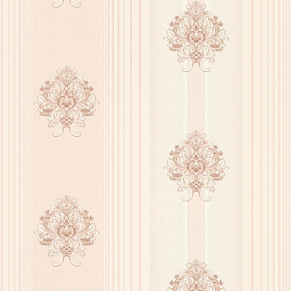            Pink ornament wallpaper with stripe pattern & metallic effect
        