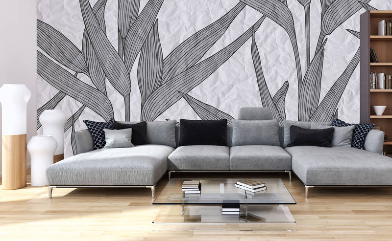             Photo wallpaper leaves & paper look - grey, white
        