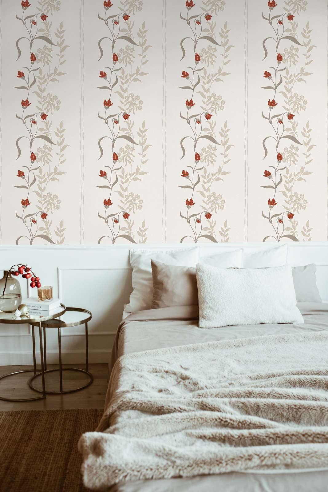             Living room wallpaper with flowers vines - beige, brown, red
        