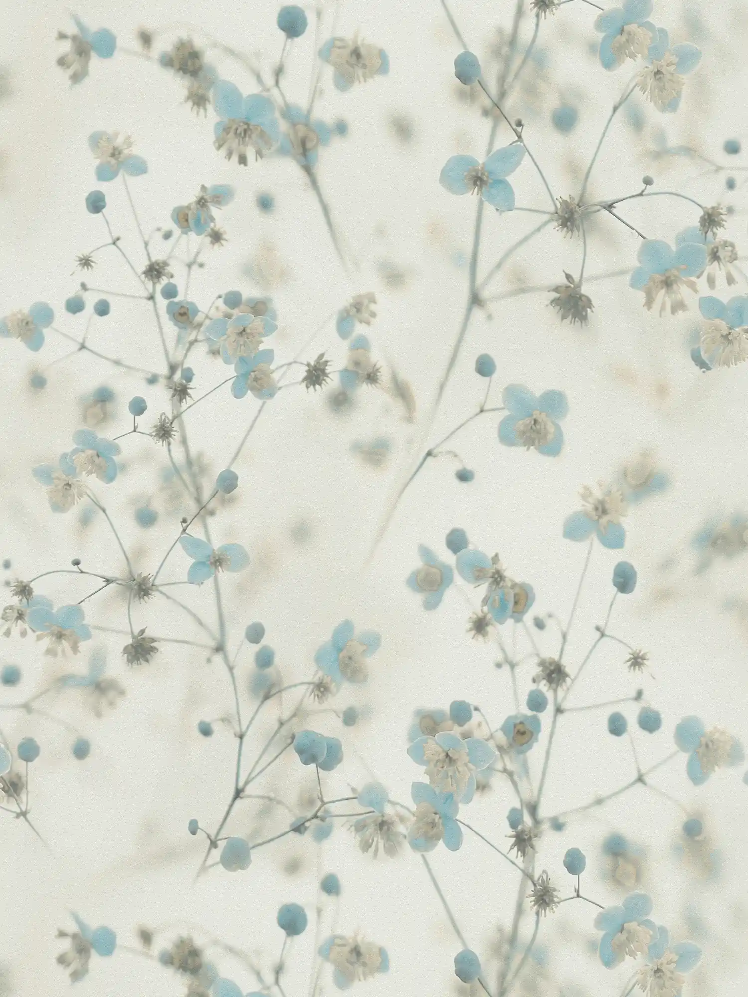 Papier peint romantique fleuri style collage photo - gris, bleu

