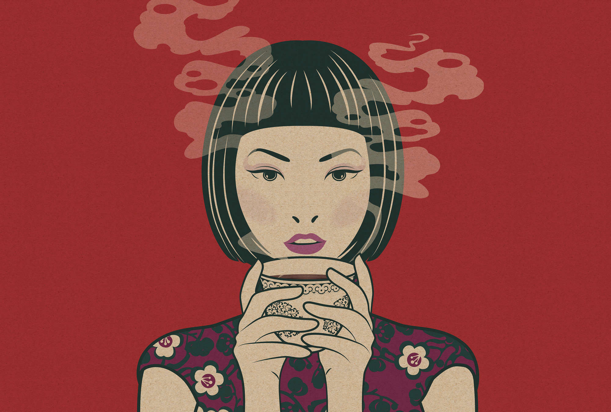             Akari 1 - Time for tea, stile manga su carta da parati - struttura in cartone - beige, rosso | pile liscio opaco
        
