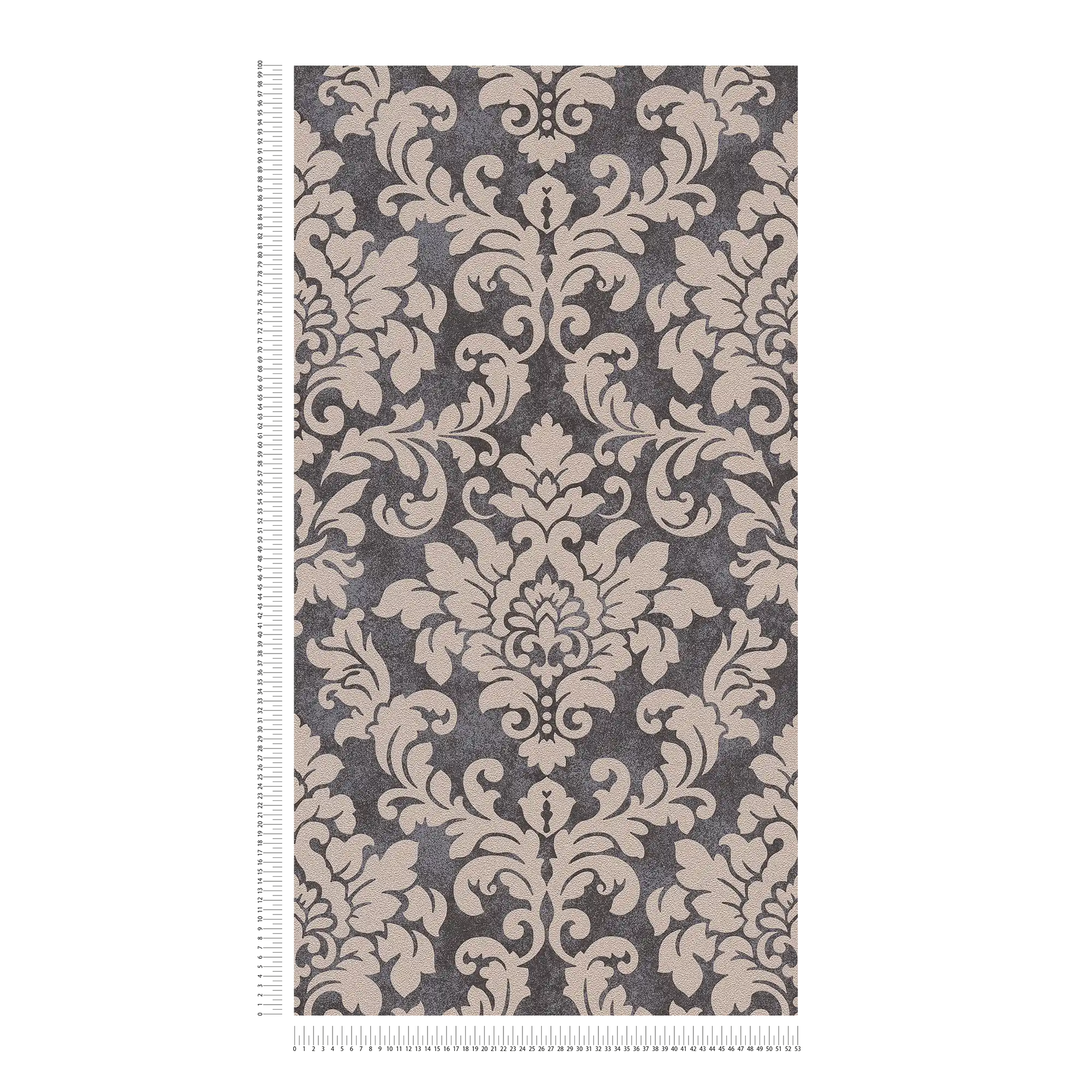             Floral ornamental wallpaper with metallic effect - black, silver, beige
        
