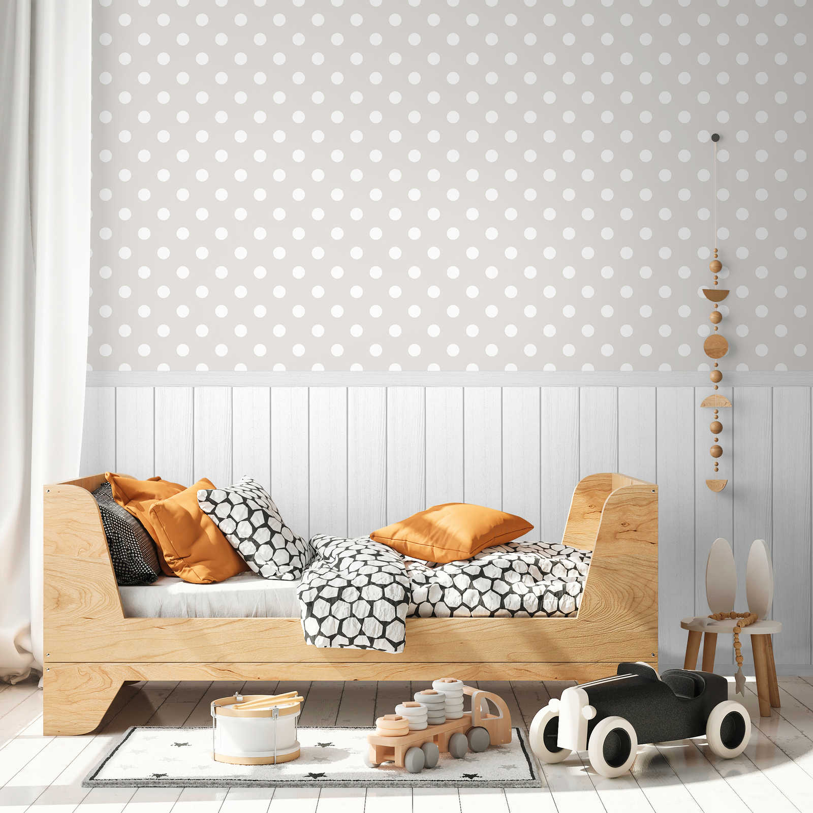 Non-woven motif wallpaper with wood-effect plinth border and dot pattern - white, grey
