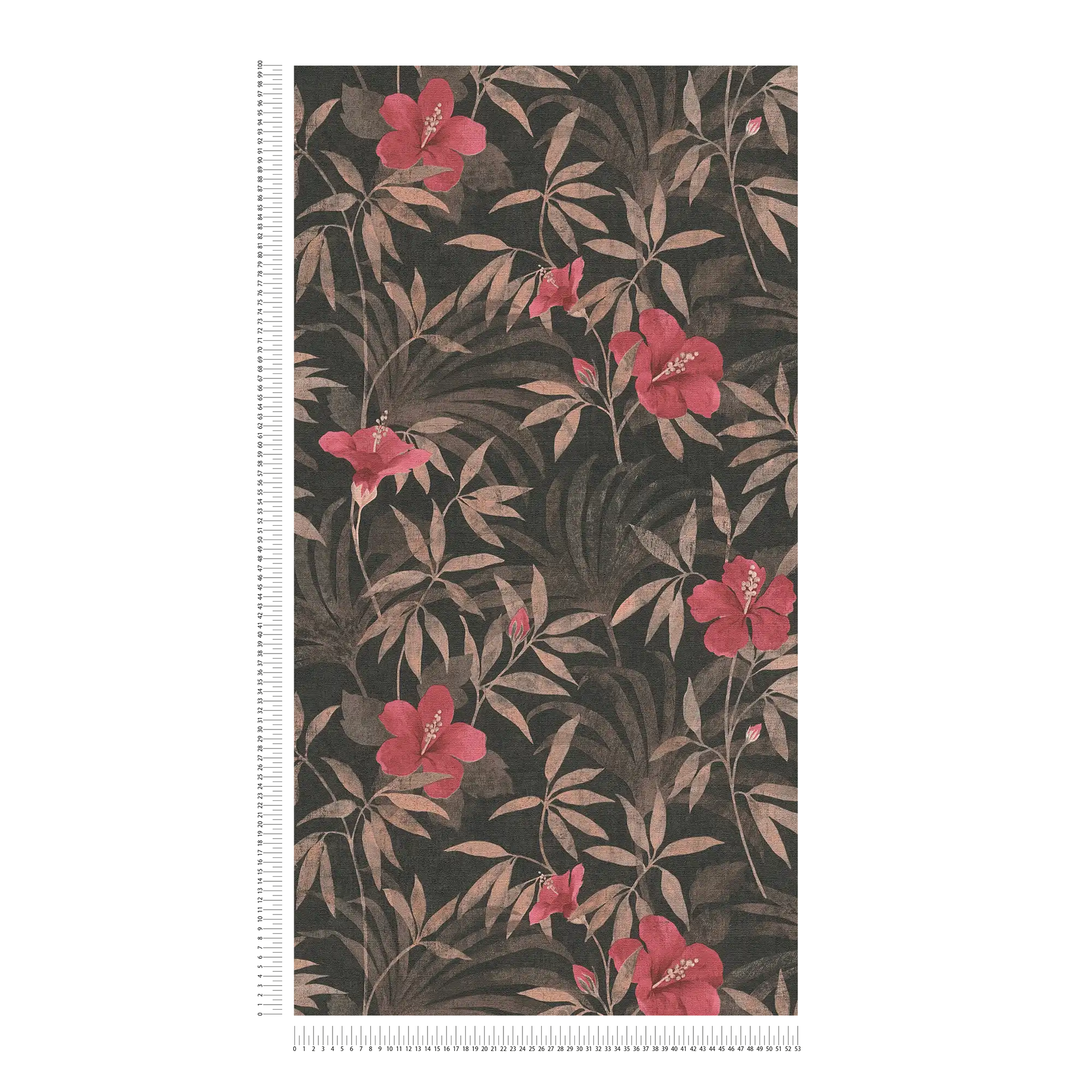             Papier peint Feuilles de jungle & fleurs d'hibiscus - marron, rouge
        