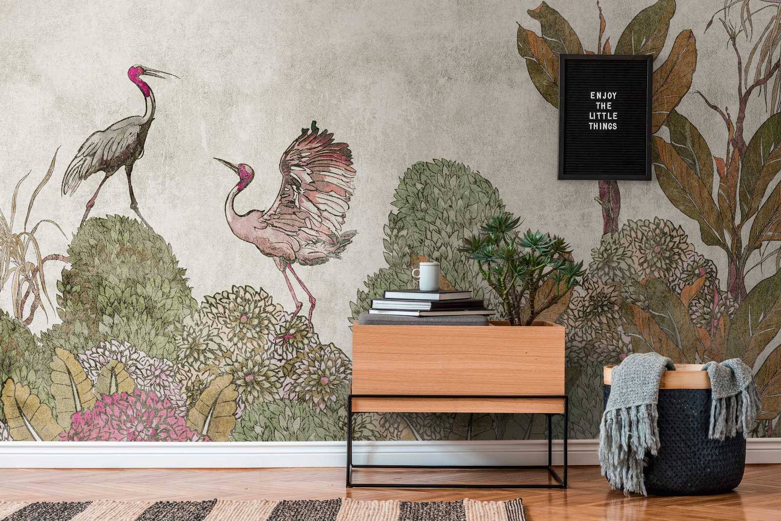             Papier peint Nouveauté | papier peint à motifs plantes tropicales & grues au look usé
        