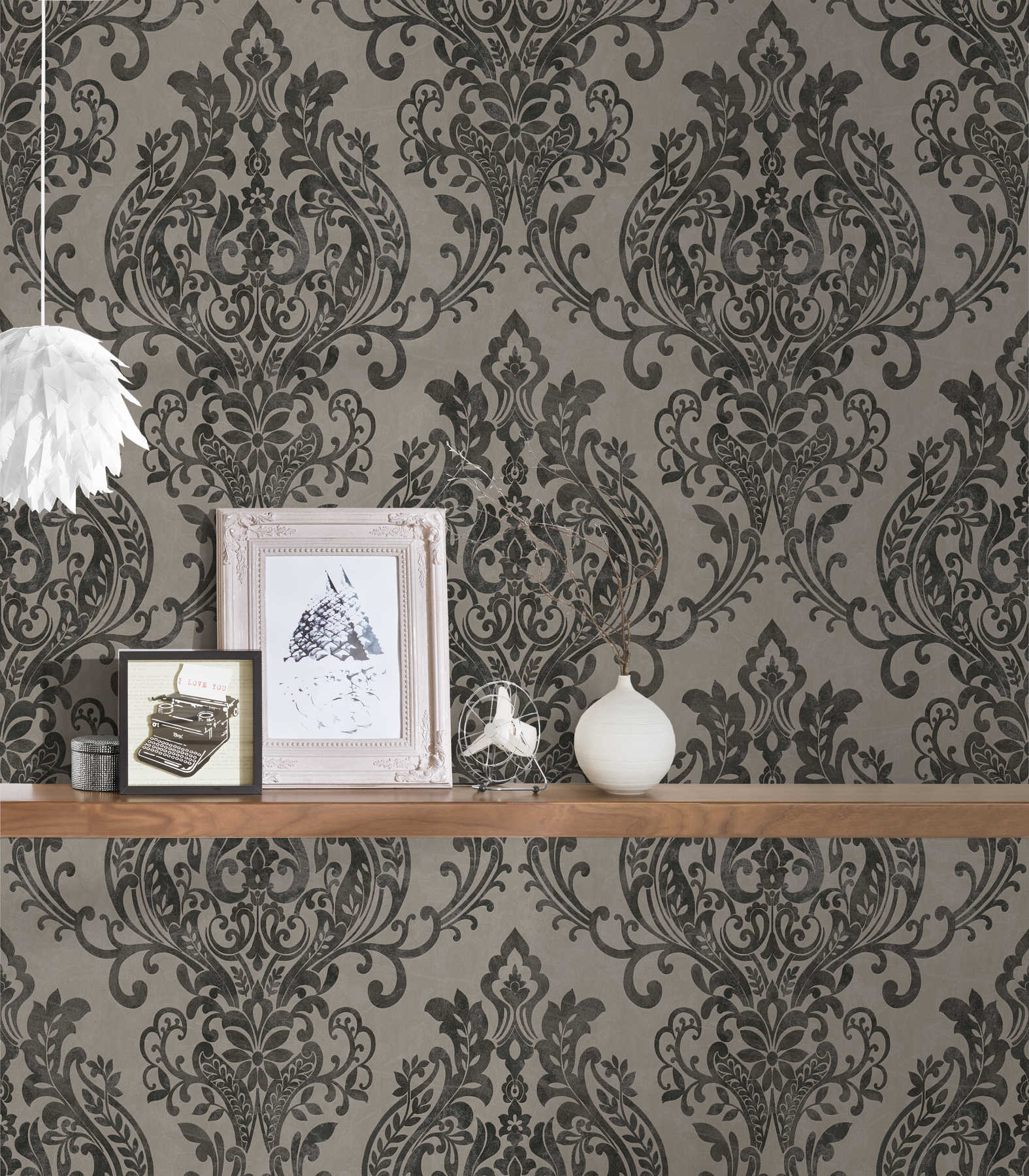             Ornament wallpaper vintage, floral - grey, black
        