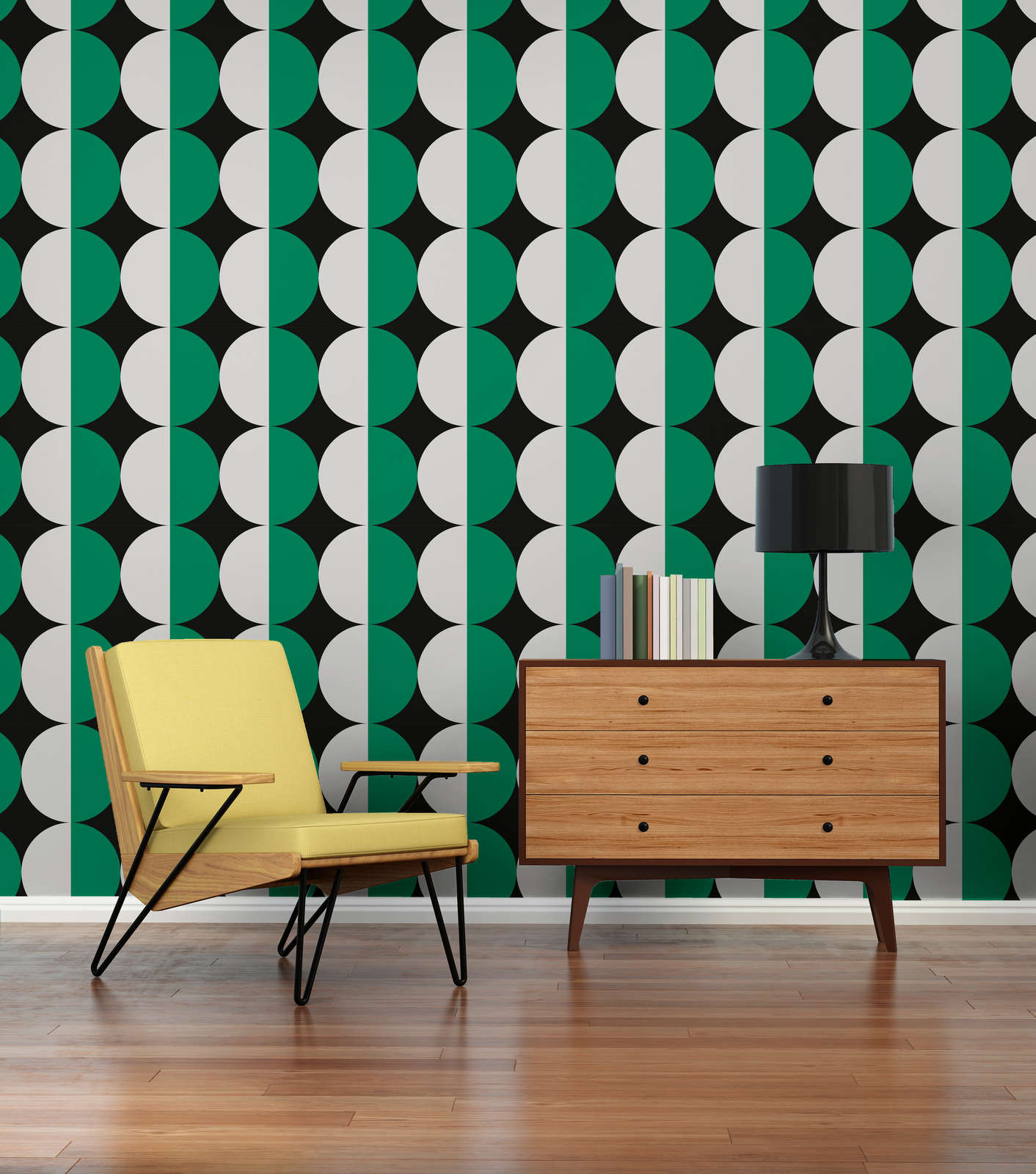             Retro 70s stijl cirkelpatroon vliesbehang - groen, wit, zwart
        