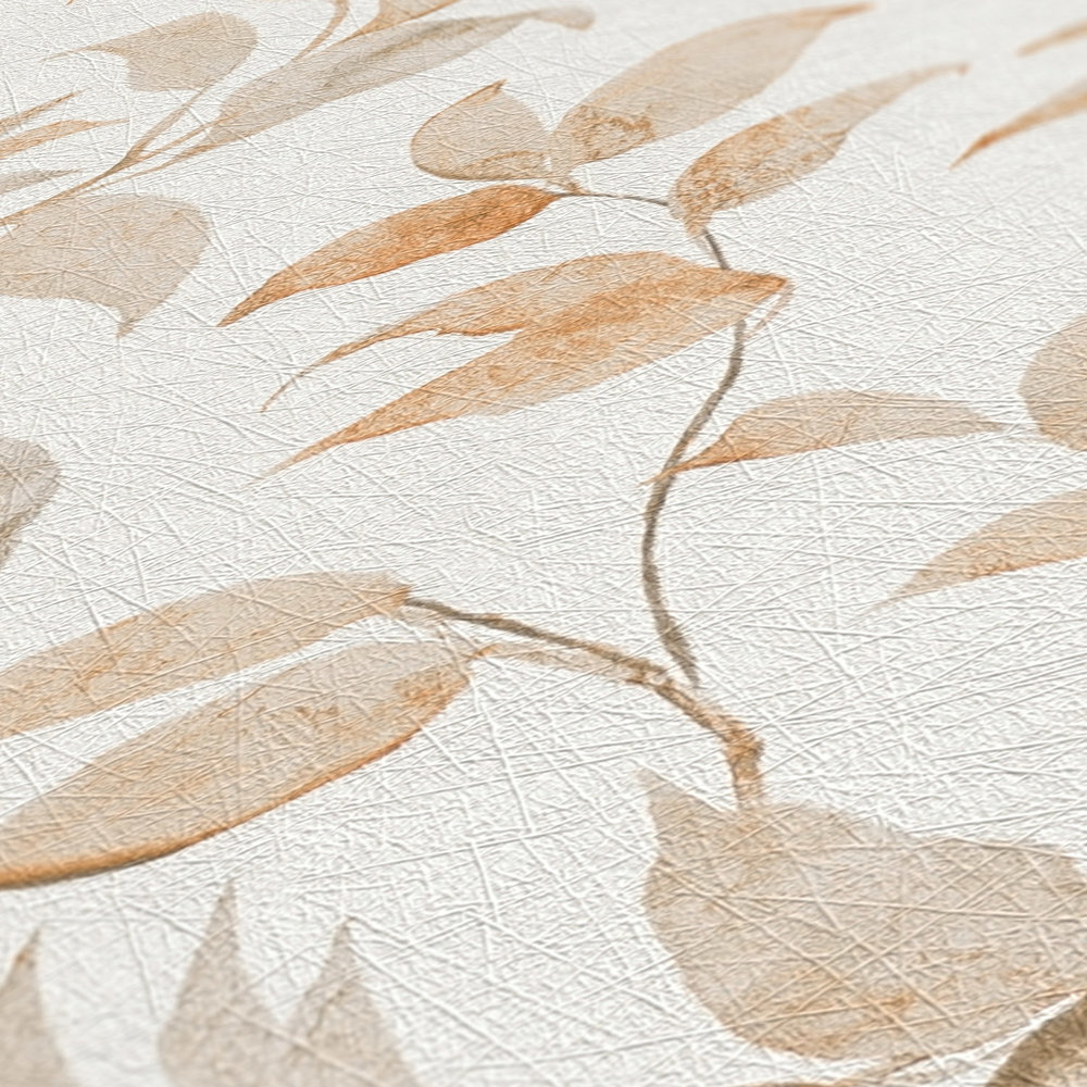            Papel pintado Hojas brillo floral texturizado - blanco, naranja
        