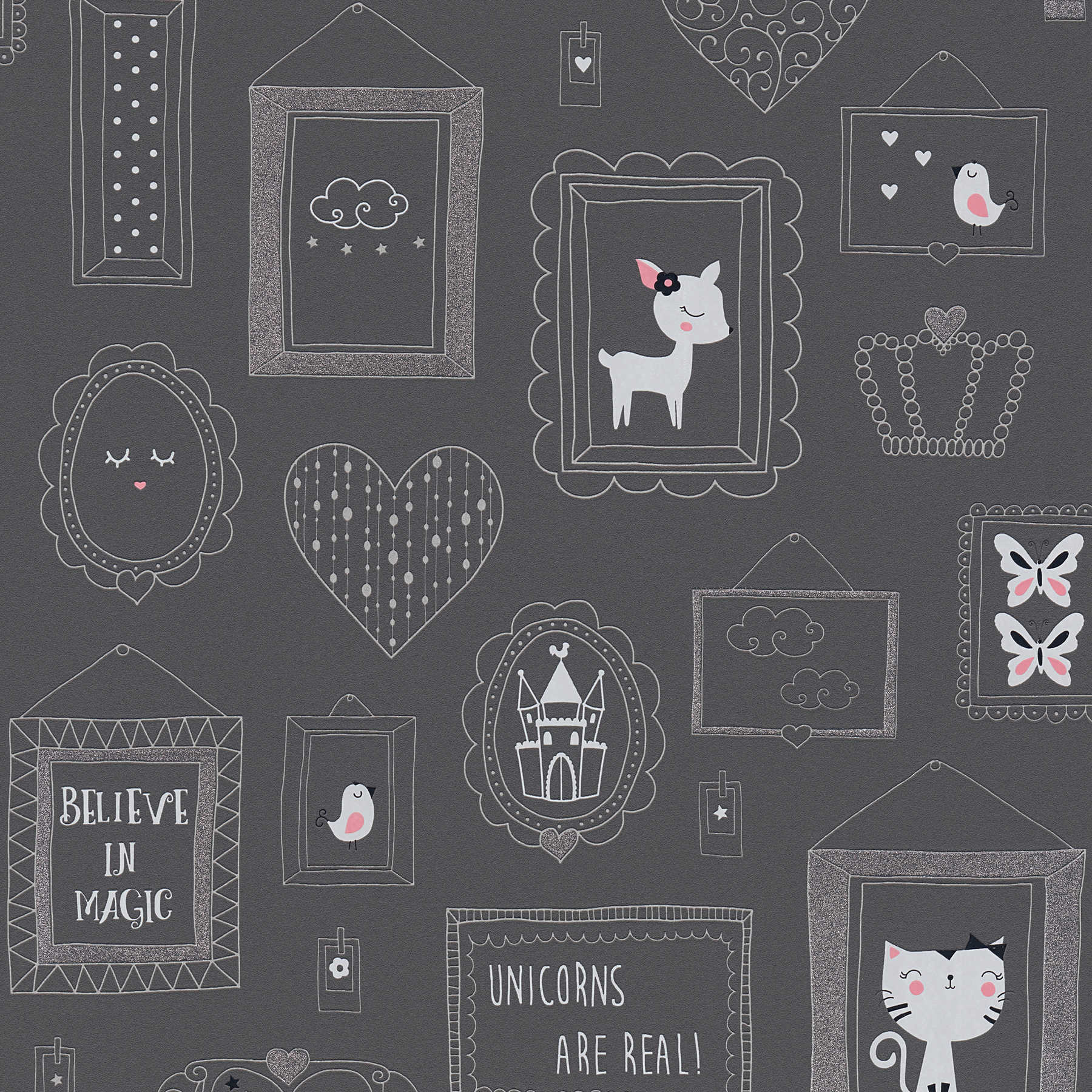         Papel pintado no tejido oscuro con motivos de animales para la habitación de los niños - gris, plata
    