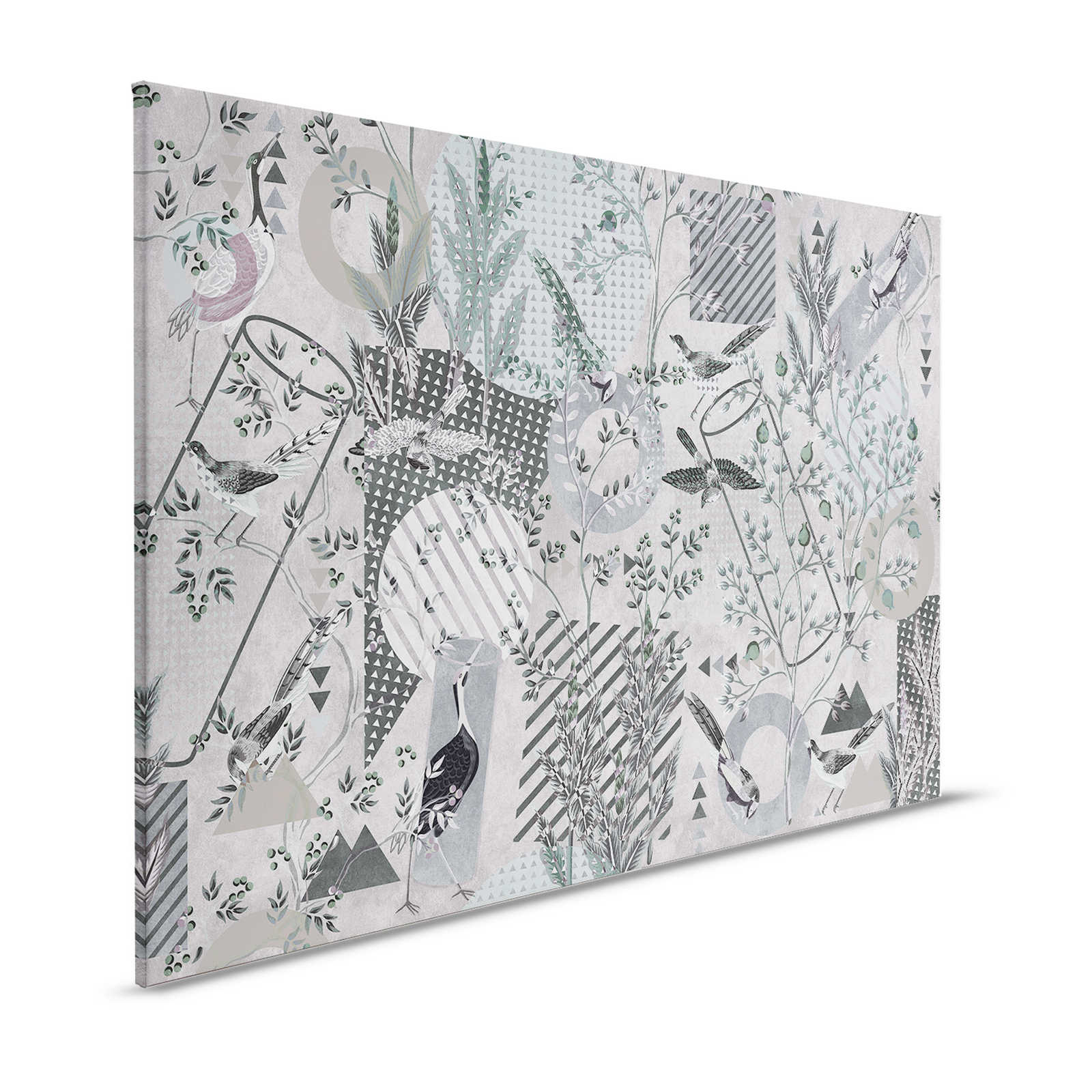 Birds Playgroude 1 - Toile Collage gris oiseaux & motifs - 1,20 m x 0,80 m
