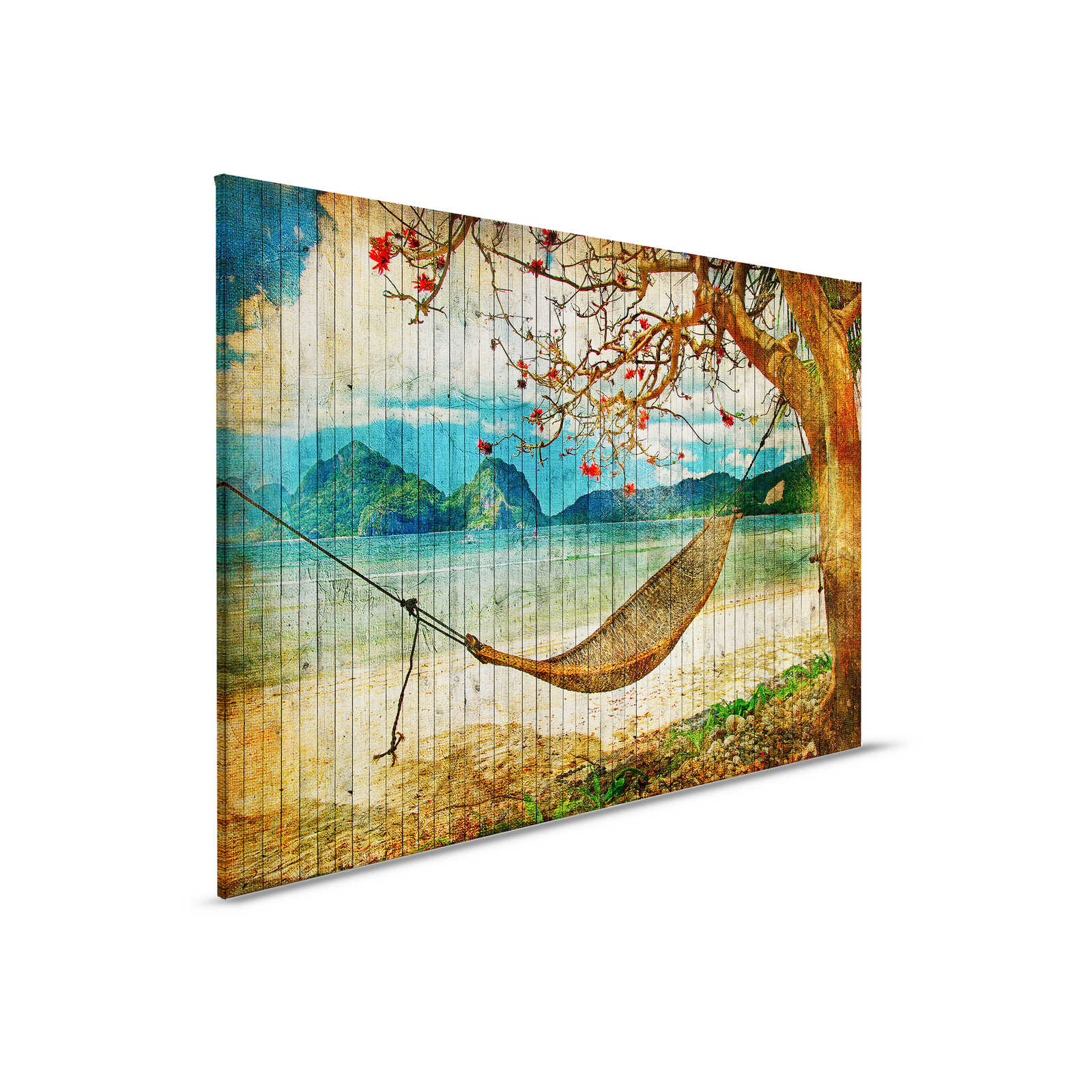         Tahiti 2 - Canvas painting in wood panel optic with hammock & South Seas beach - 0,90 m x 0,60 m
    