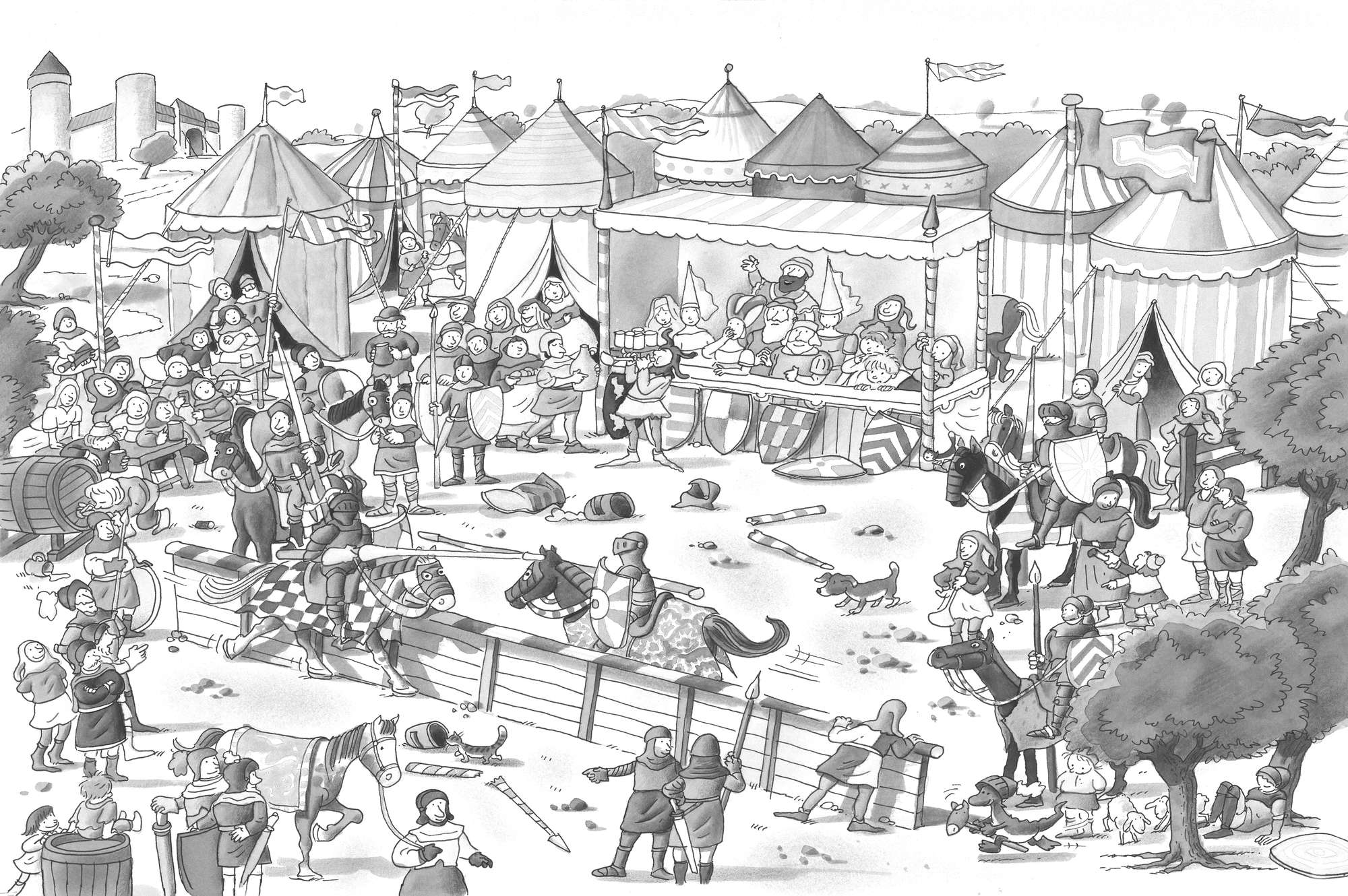             Papier peint panoramique enfants fête des chevaliers avec festival noir blanc sur intissé structuré
        