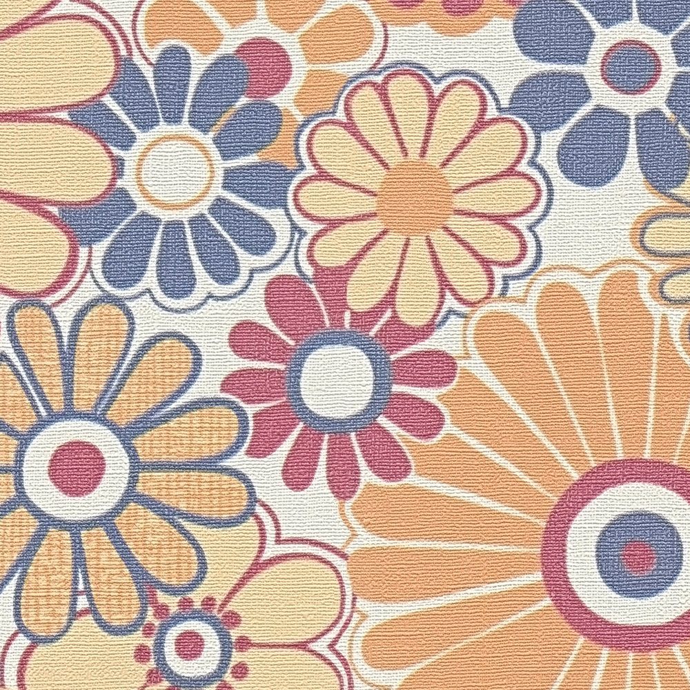             Retro non-woven wallpaper with floral pattern - red, blue, orange
        