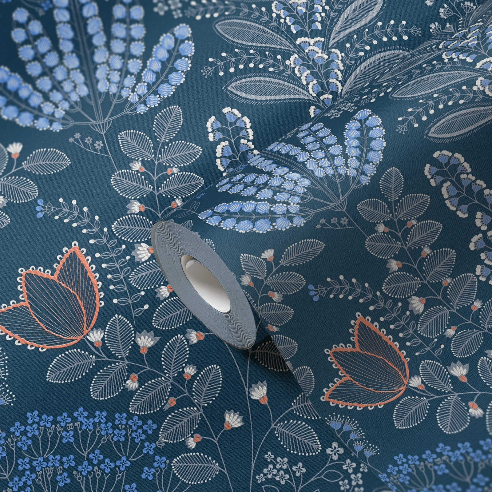             Vliesbehang bloem met bladeren in retro-look licht gestructureerd, mat - blauw, wit, grijs
        