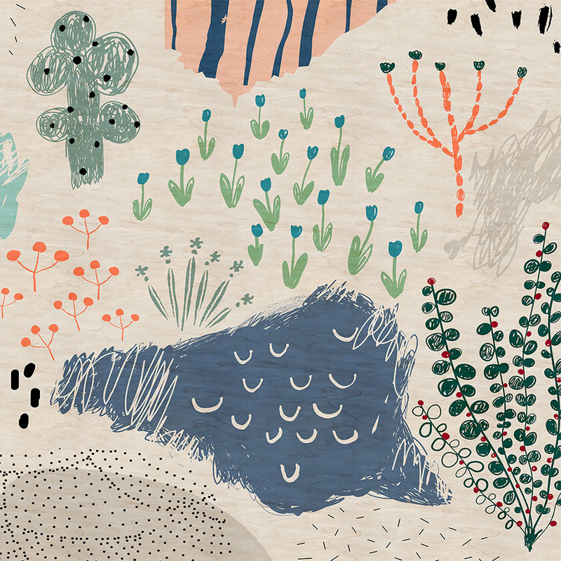 Crayon garden1 - Nursery wallpaper, Doodle motif in plywood structure - Beige, Blue | Matt smooth fleece
