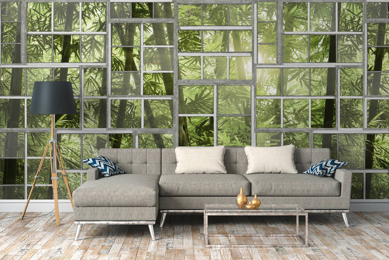             Papier peint panoramique Fenêtre avec vue sur la jungle, look rétro - vert, gris, blanc
        
