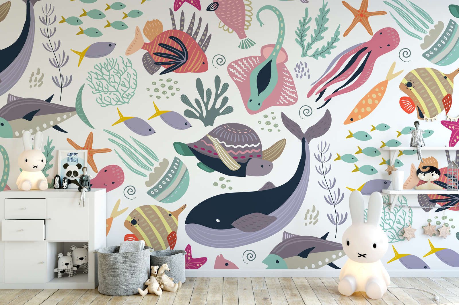             Kinderkamer muurschildering met onderwaterdieren - Glad & licht glanzend vlies
        