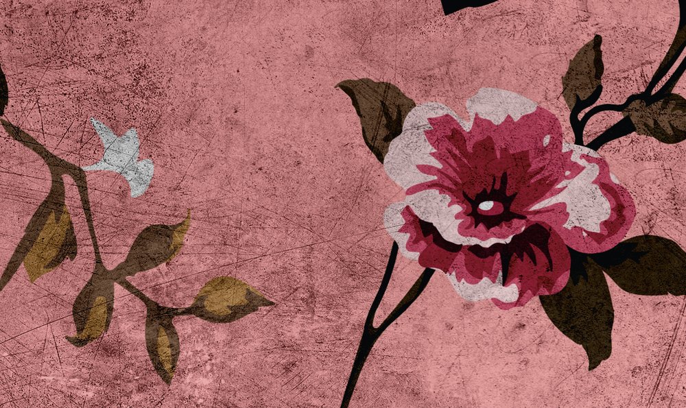             Wild roses 4 - Roses photo wallpaper in retro look, pink in scratchy structure - Pink, Red | Matt smooth fleece
        