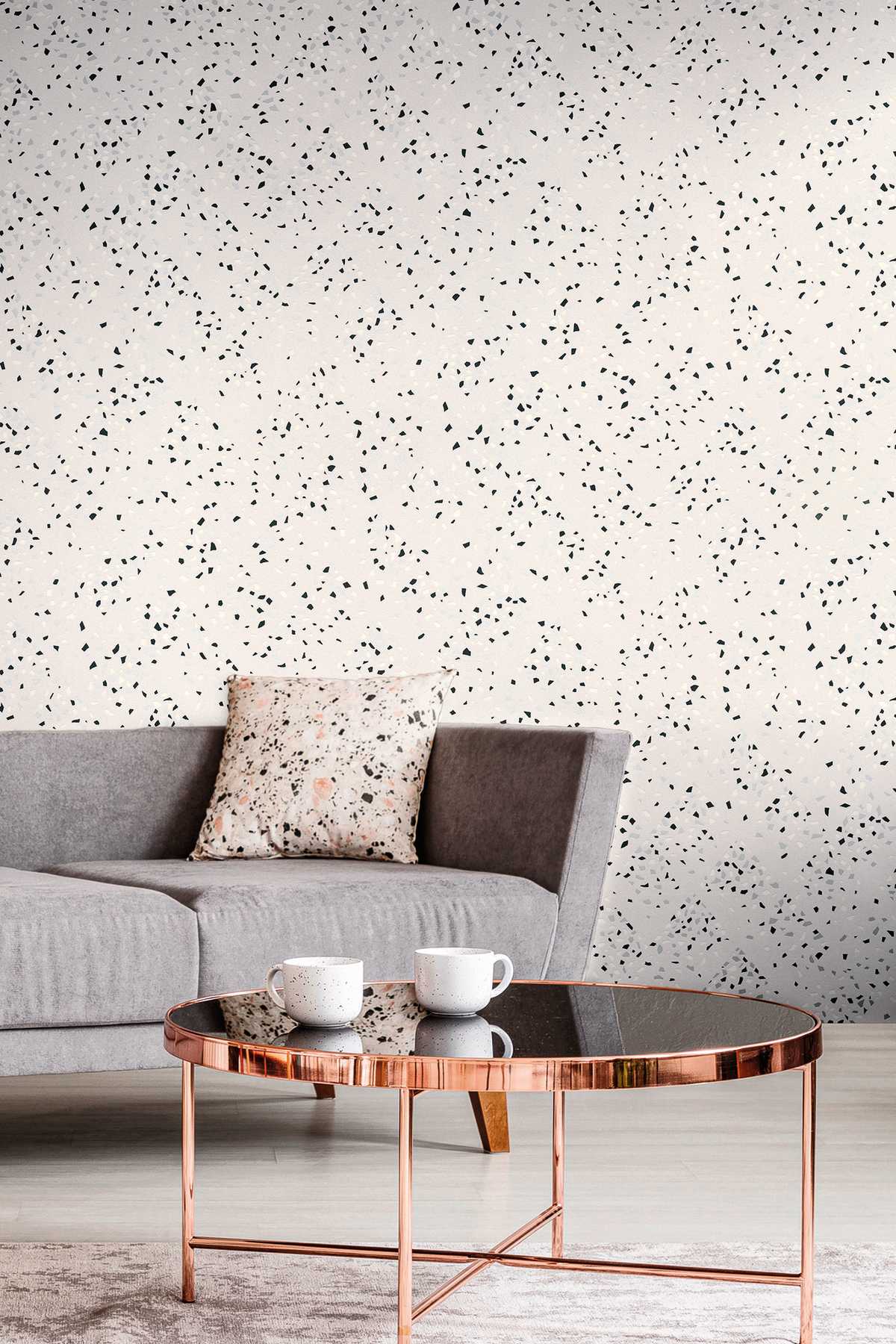             wallpaper terrazzo pattern & metallic effect - white, black, silver
        
