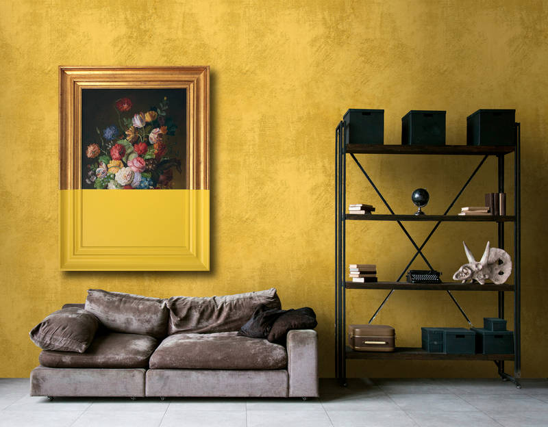             Frame 1 - wall mural art modern interpretation in wiped plaster structure - yellow, copper | mother-of-pearl smooth fleece
        