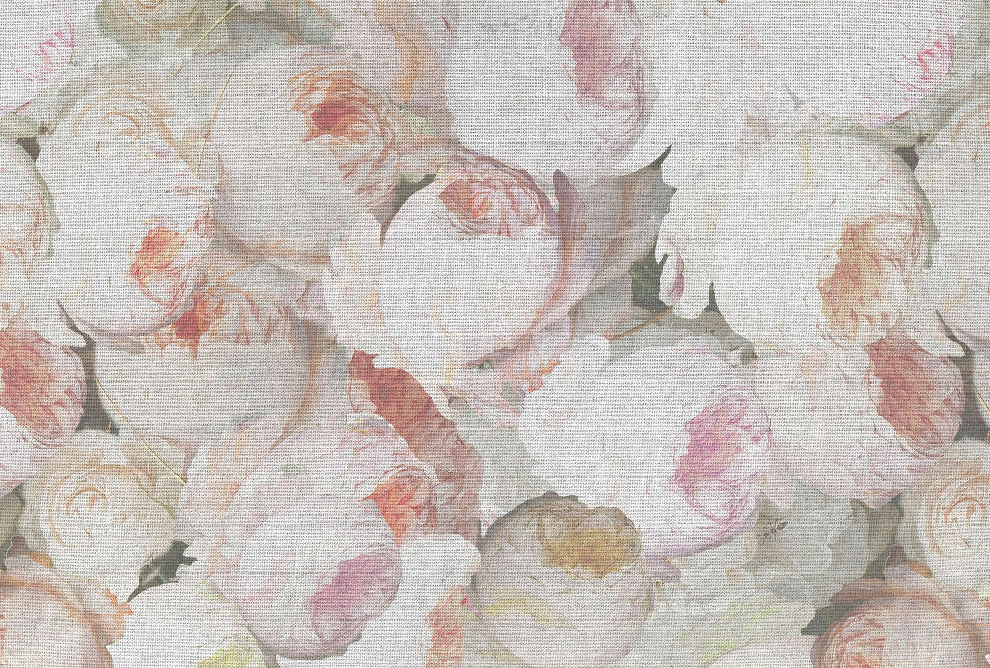             Carta da parati Roses con fiori e ottica di lino - Rosa, bianco
        
