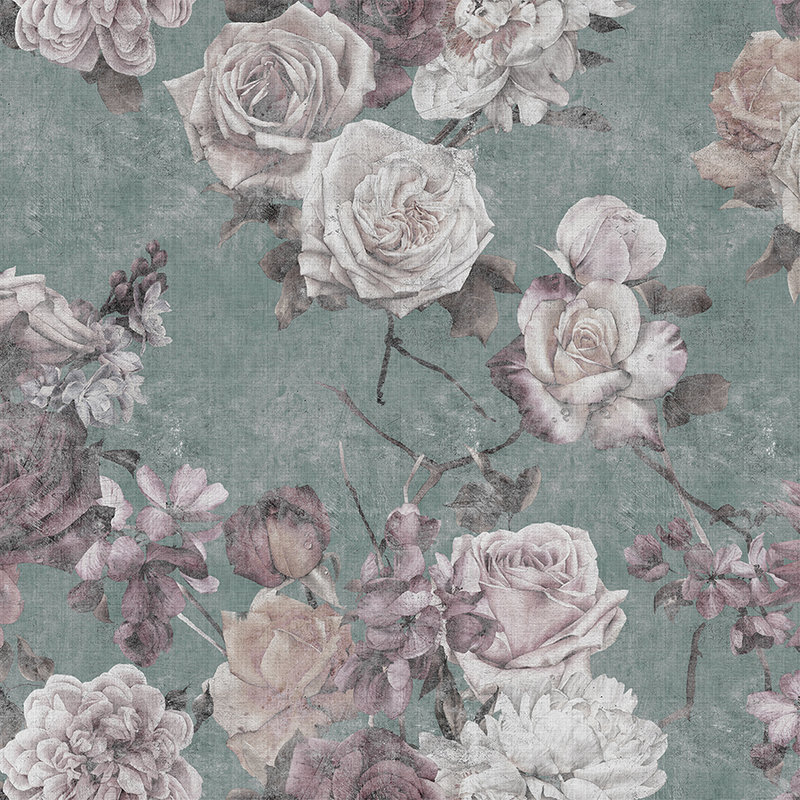 Sleeping Beauty 2 - Carta da parati con fiori di rosa in stile vintage - Texture lino naturale - Rosa, turchese e perla in pile liscio
