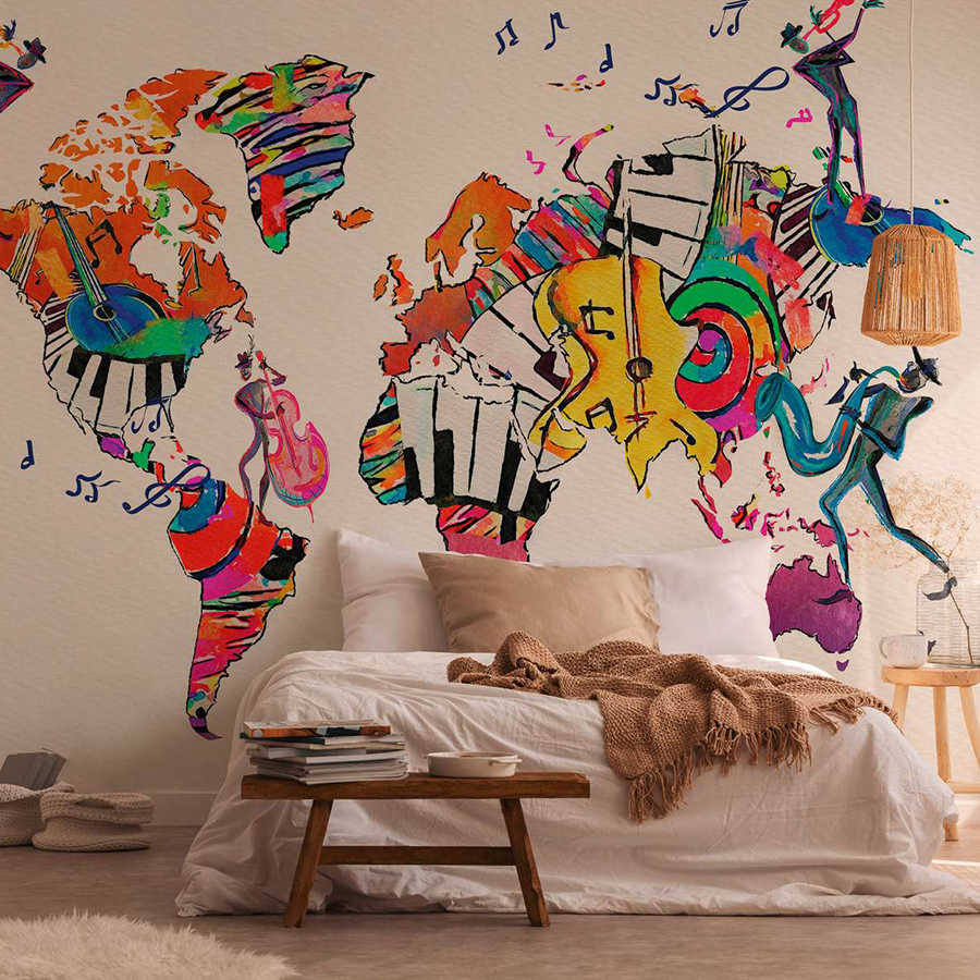 Papier peint panoramique avec carte du monde remplie d'instruments et de clés de sol - multicolore, blanc
