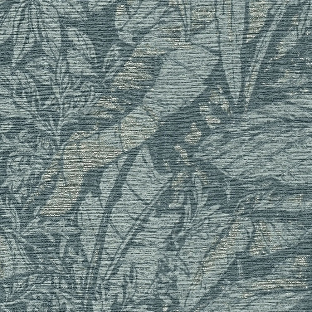             Papel pintado tejido-no tejido floral con motivo de hojas de palmera - azul, petróleo, plata
        
