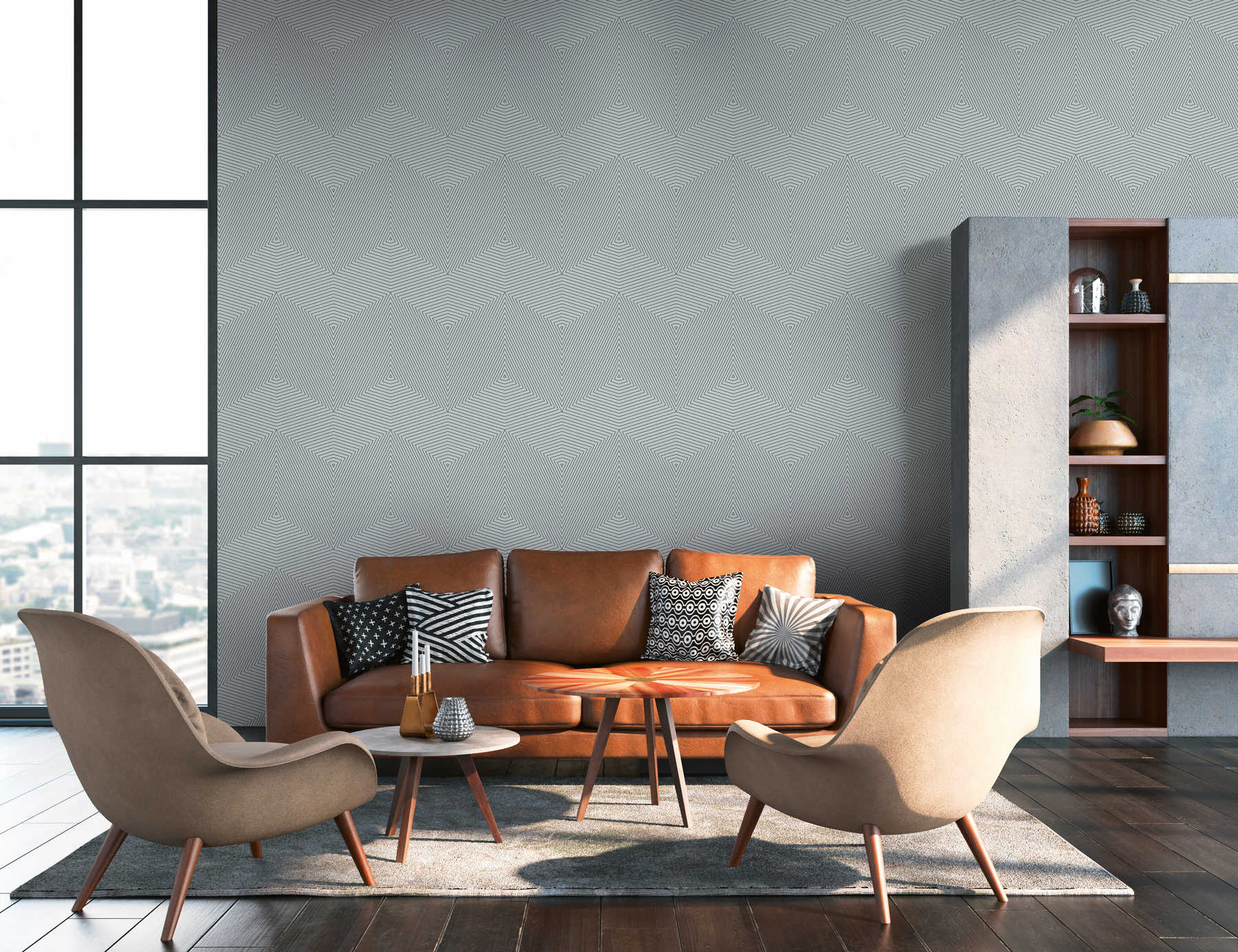             Non-woven wallpaper with lines pattern & metallic effect - blue, grey
        