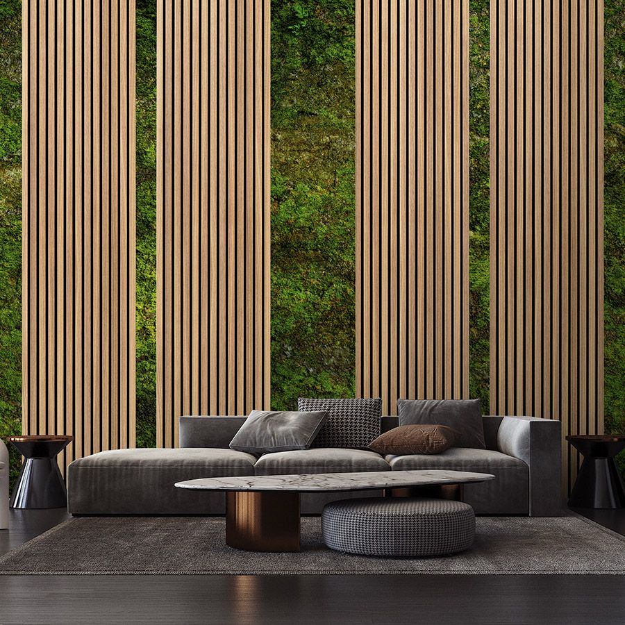 Photo wallpaper »panel 1« - Narrow wood panels & moss - Smooth, slightly pearlescent non-woven fabric
