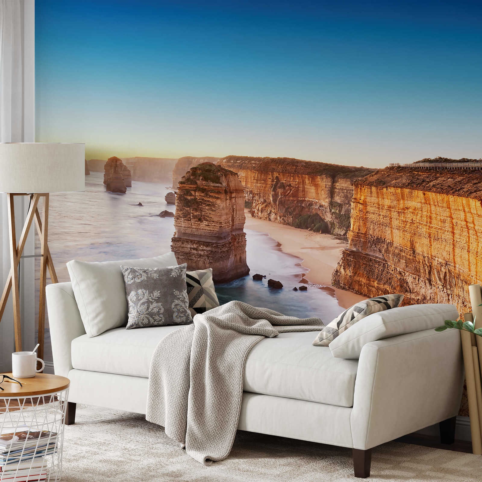             Papier peint panoramique paysage falaises en bord de mer - bleu, marron
        