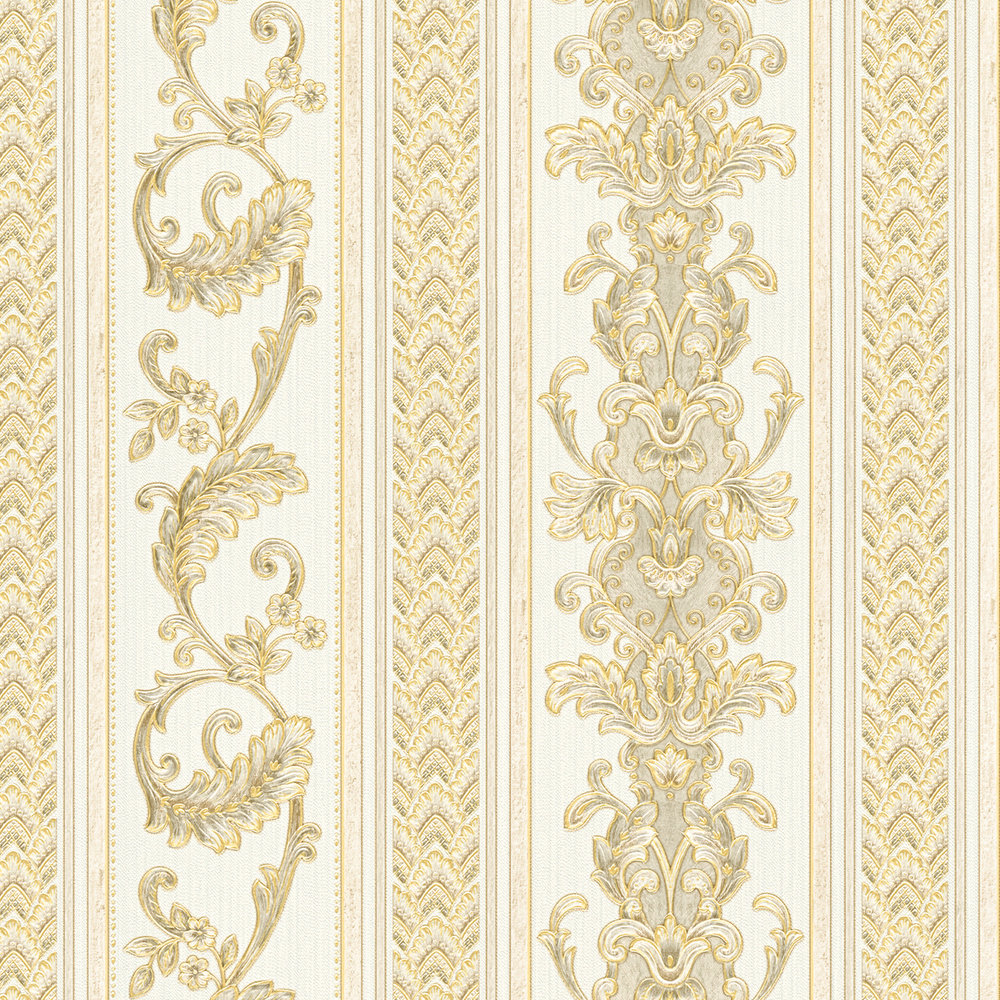             Carta da parati a righe barocche con motivi ornamentali - Crema, oro
        