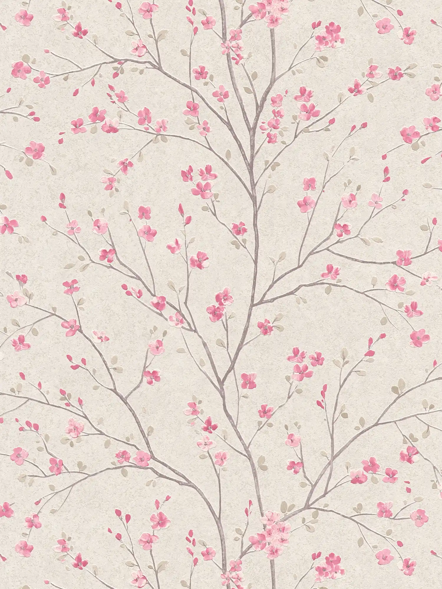Non-woven wallpaper with cherry blossom design in Asian style - brown, pink, white
