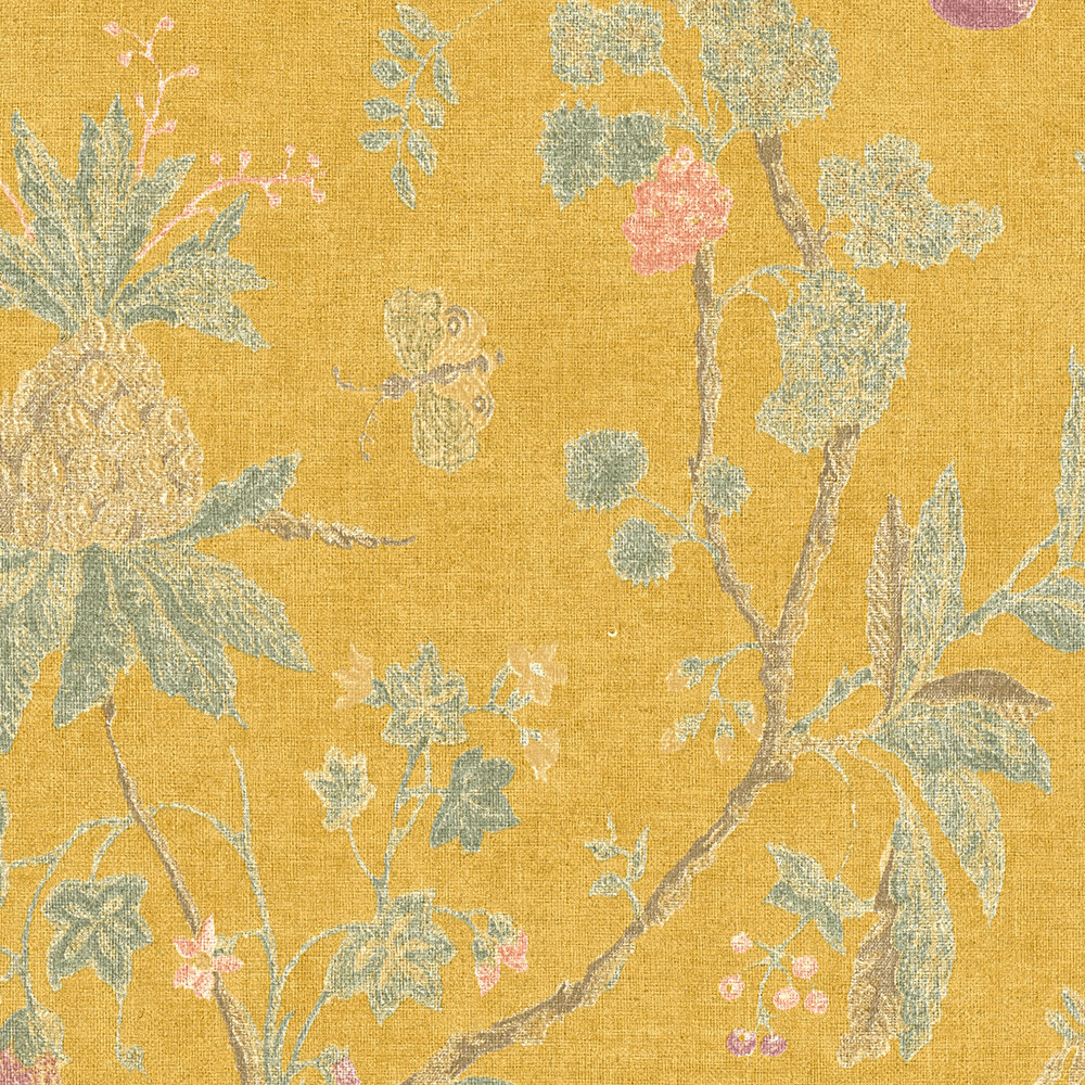             Papel pintado vintage con motivos florales y aspecto de lino - amarillo
        