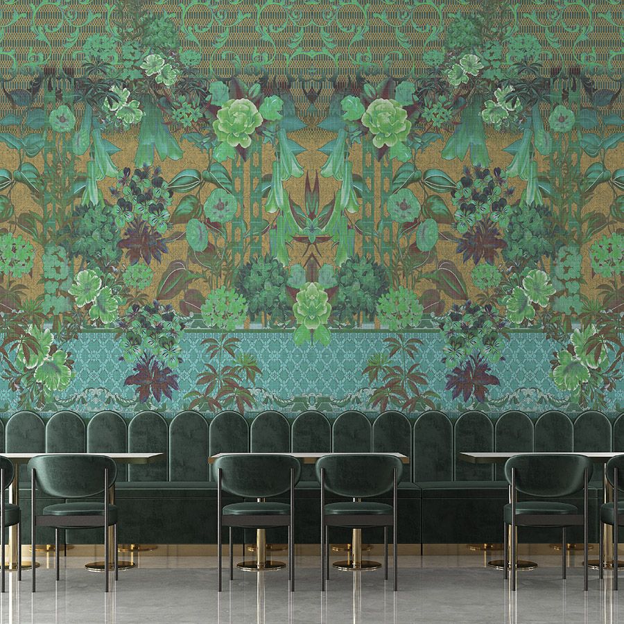 Fotomural »sati 2« - Diseño floral y ornamentos con aspecto de estructura de lino - Verde | Tela no tejida de alta calidad, lisa y ligeramente brillante
