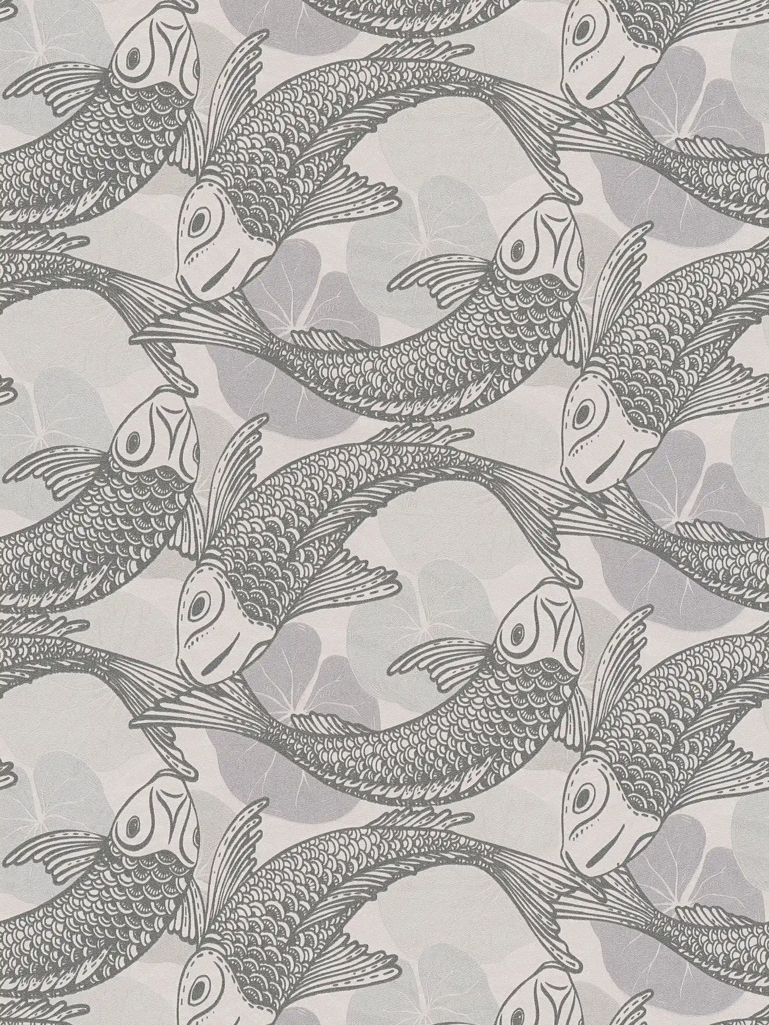 Wallpaper Koi design in Asia style with metallic effect - beige, grey, metallic
