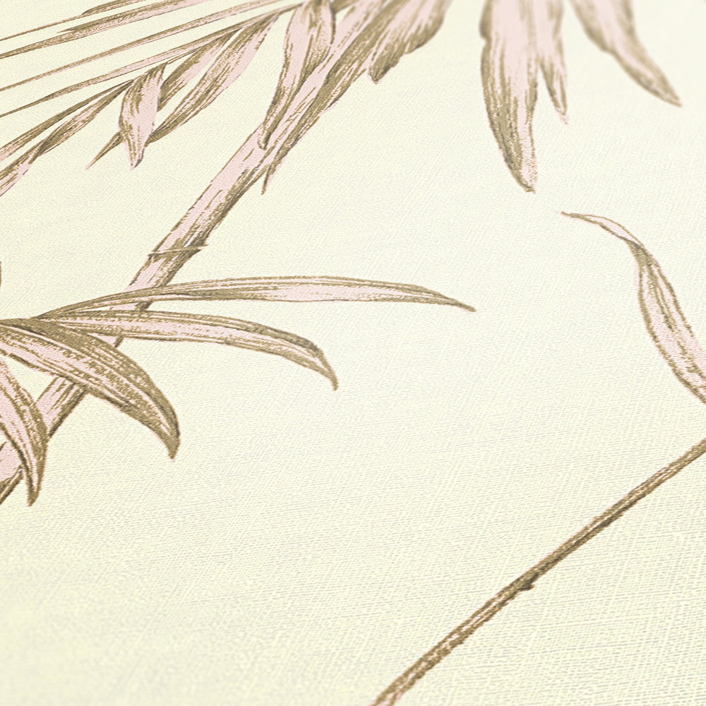             Carta da parati naturale Foglie di palma, bambù - Rosa, beige, crema
        