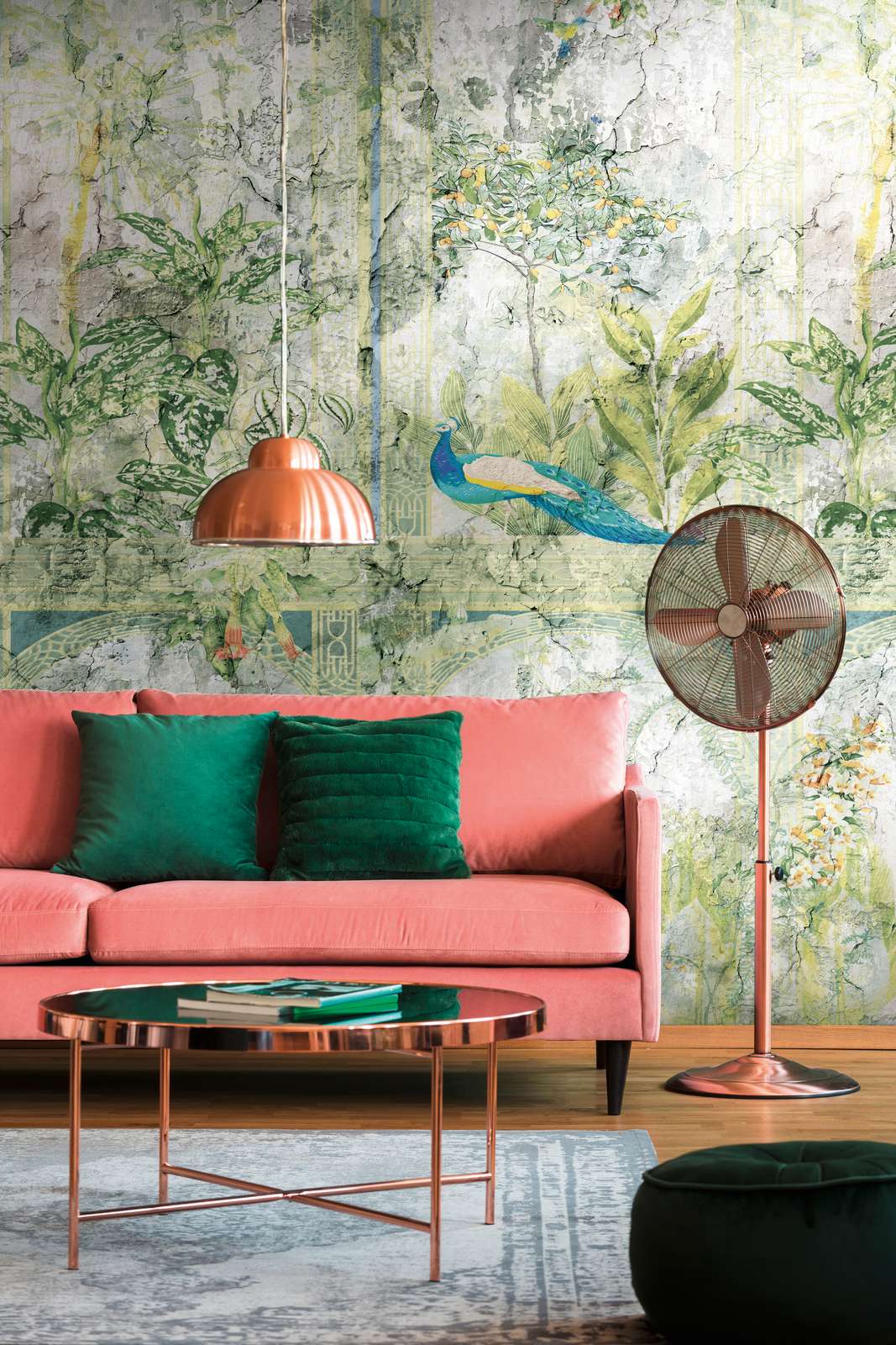             Wallpaper with jungle look and birds in vintage style - green, blue, grey
        