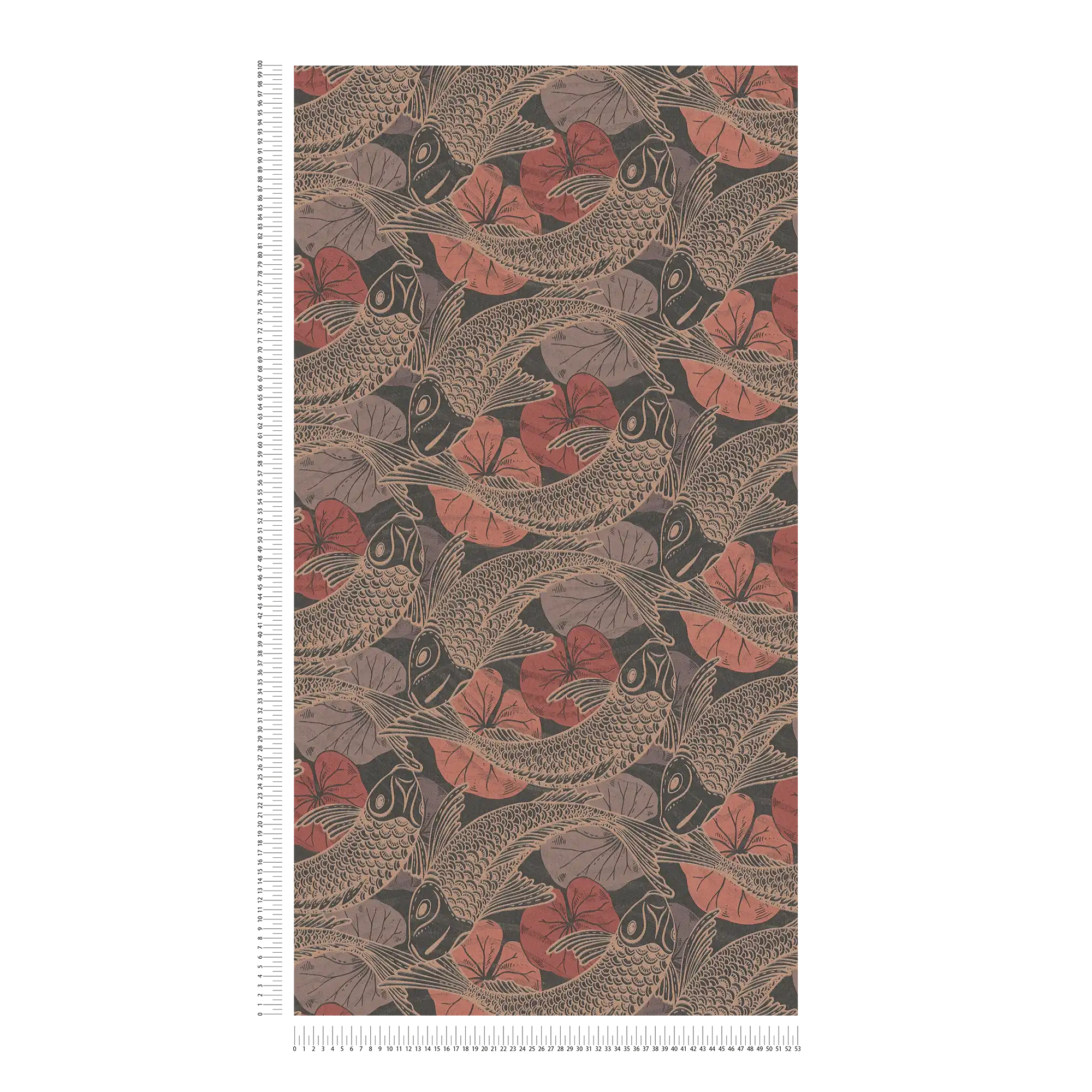             Patroonbehang koi motief met metallic accenten - bruin, rood, zwart
        