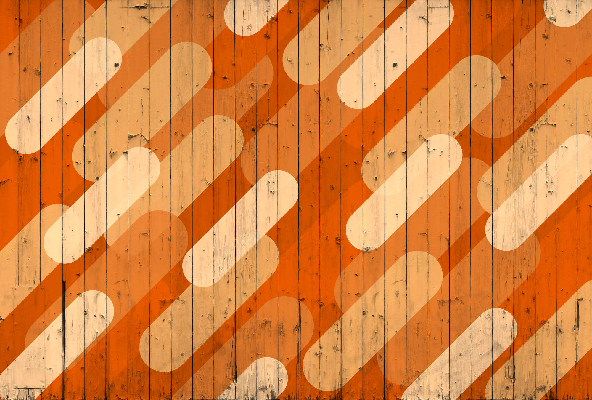             Papier peint panoramique imitation planche & motif à rayures obliques - orange, beige, crème
        