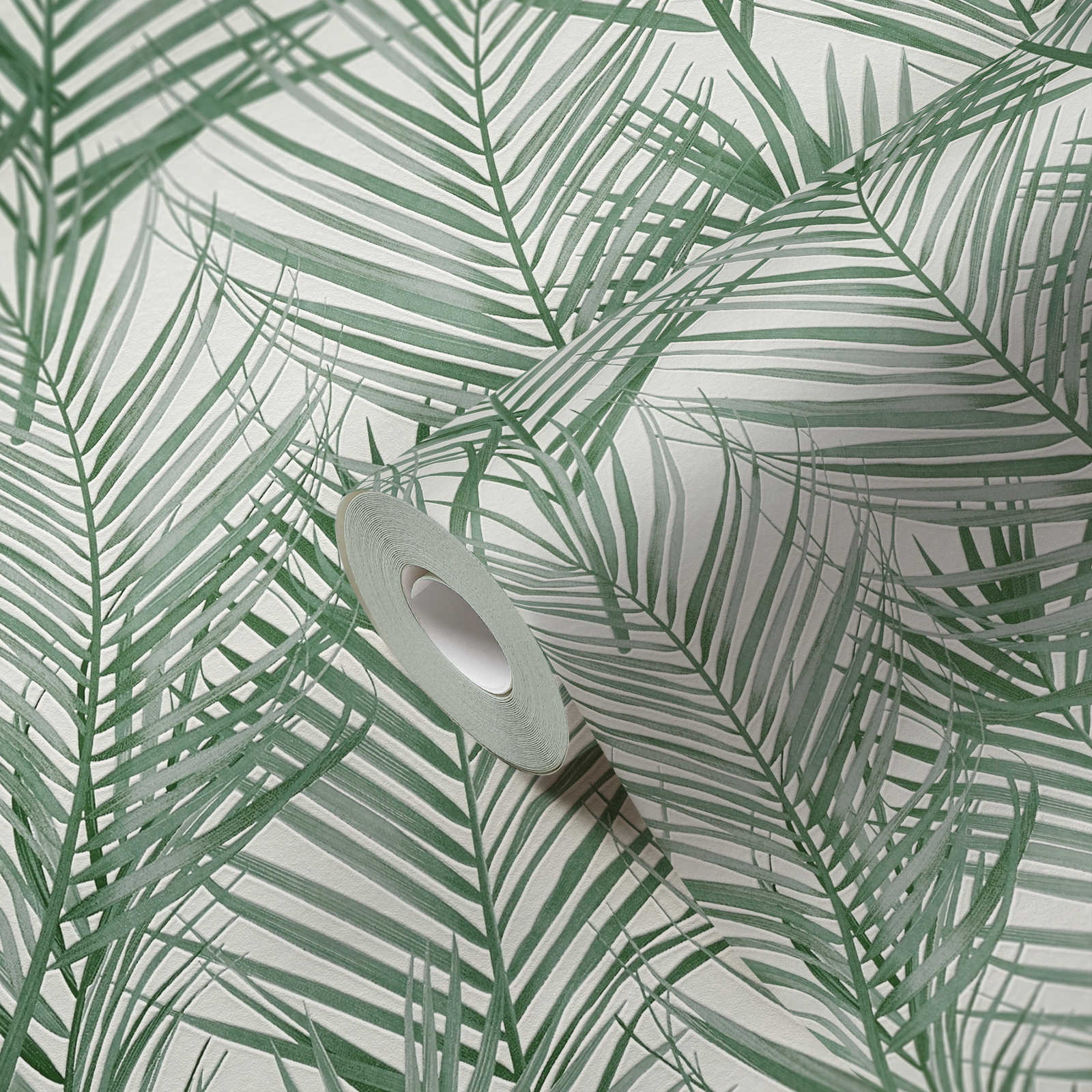             Papel pintado no tejido con motivo de palmeras grandes - verde, blanco
        