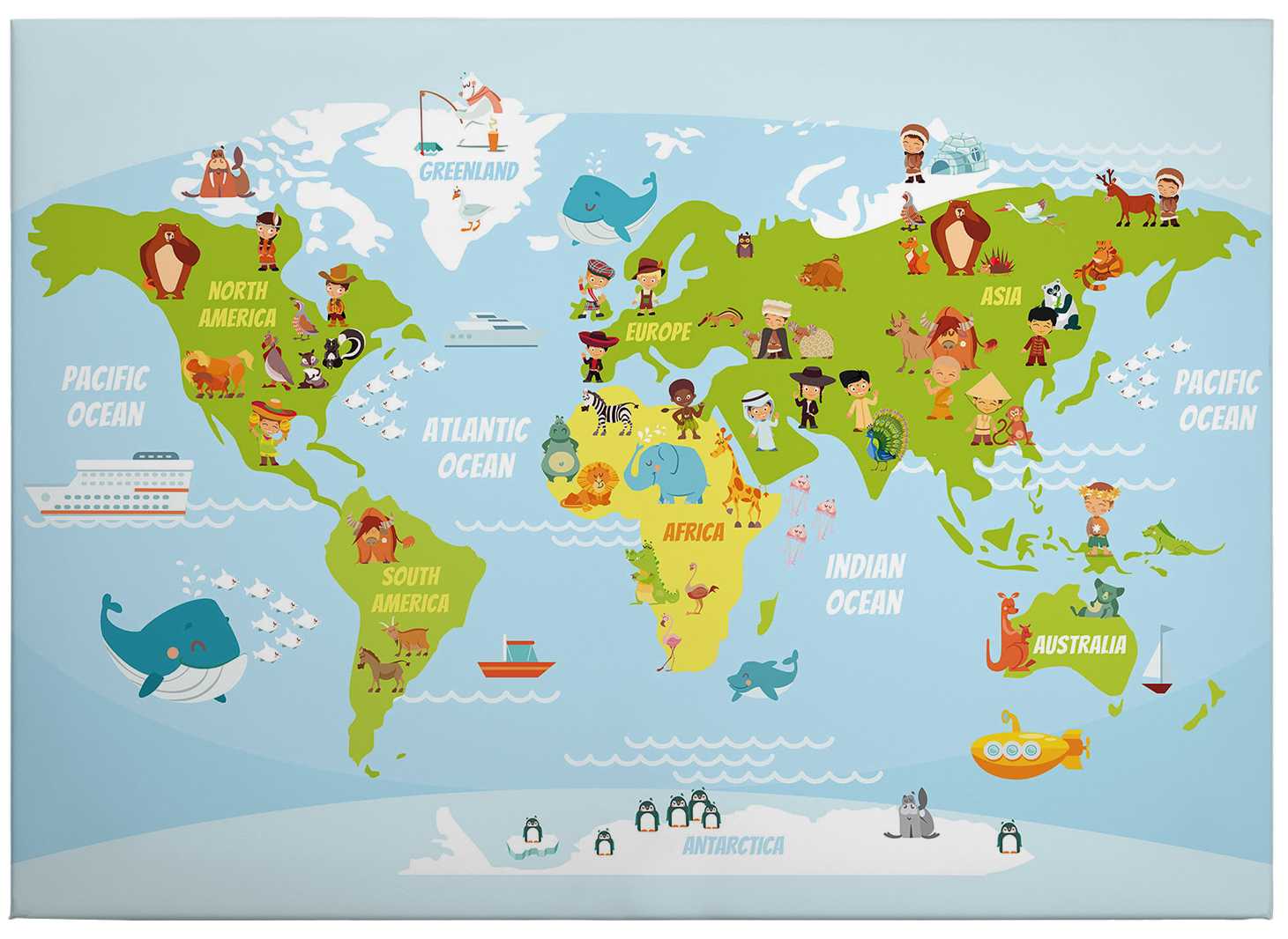             Quadro su tela con mappa del mondo con animali e persone - 0,70 m x 0,50 m
        
