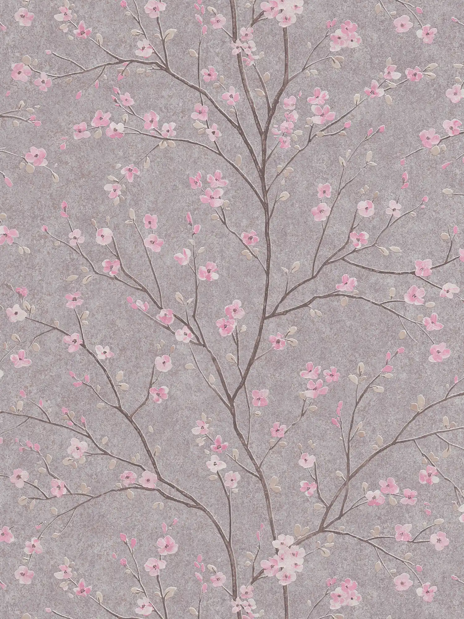 Papier peint de style asiatique avec motif de fleurs de cerisier - gris, rose
