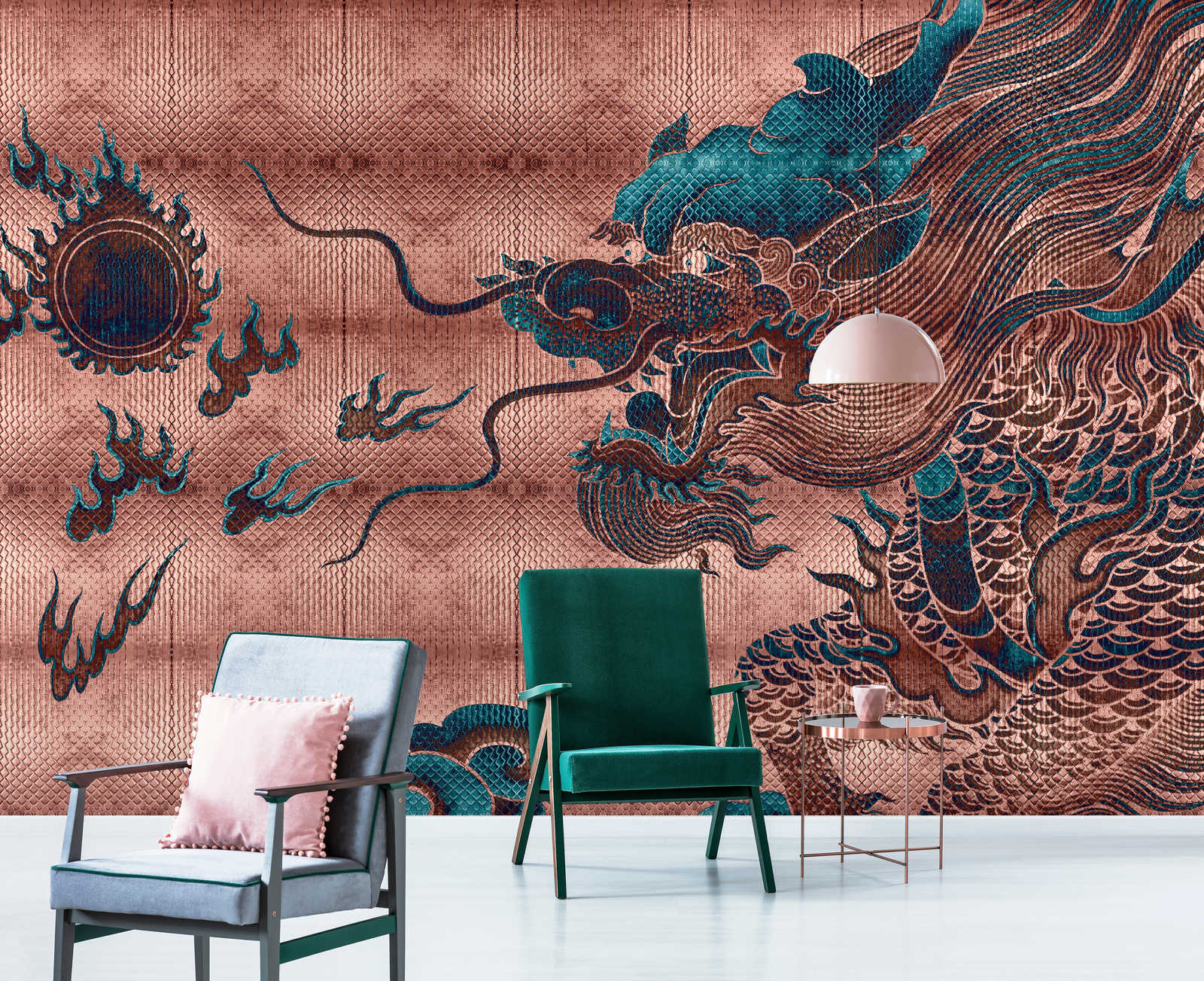             Shenzen 1 - Mural de pared Dragón de estilo asiático con colores metálicos
        