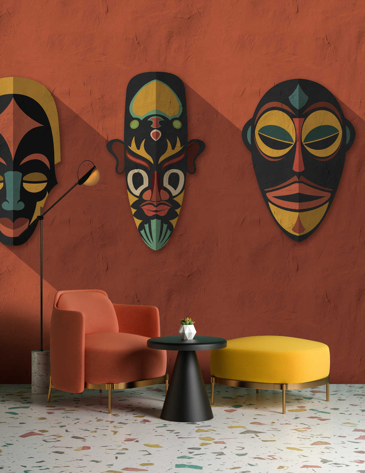             Zulu 2 - photo wallpaper terracotta orange, Africa masks Zulu design
        