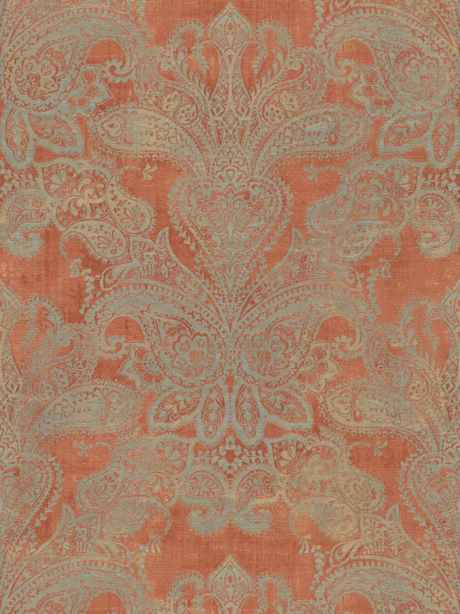         Non-woven wallpaper in baroque style with ornaments - orange, turquoise, grey
    