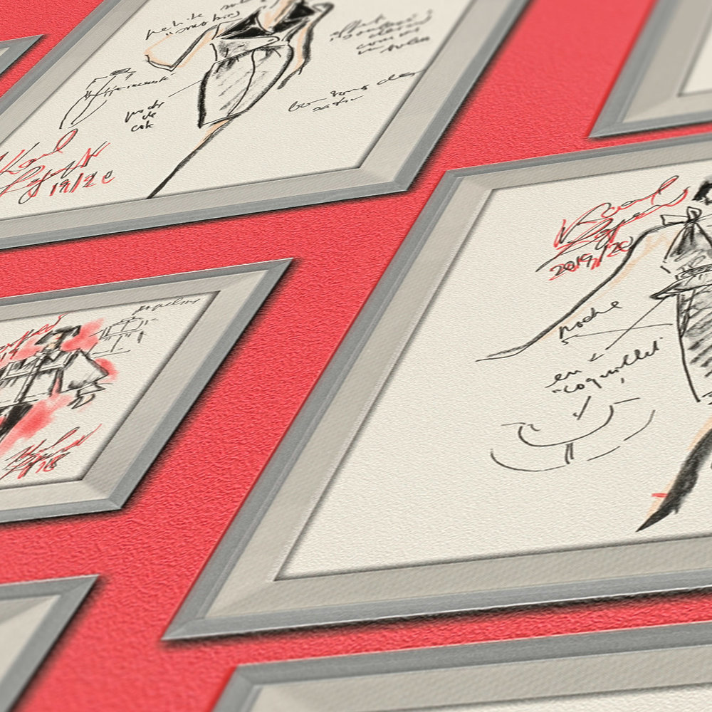             Papel pintado Karl LAGERFELD bocetos de moda - metálico, rojo
        