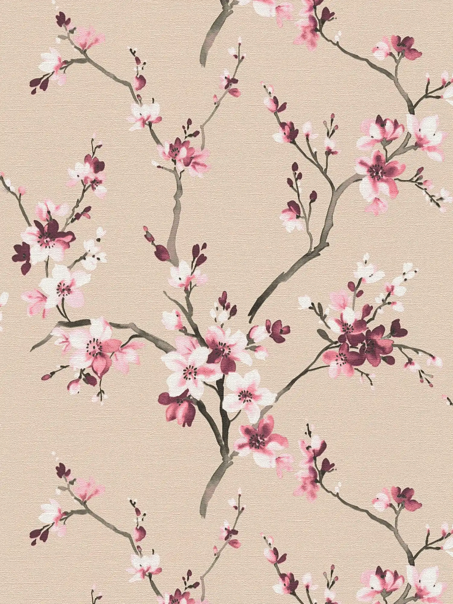 Pink floral wallpaper with watercolour flowers & branches

