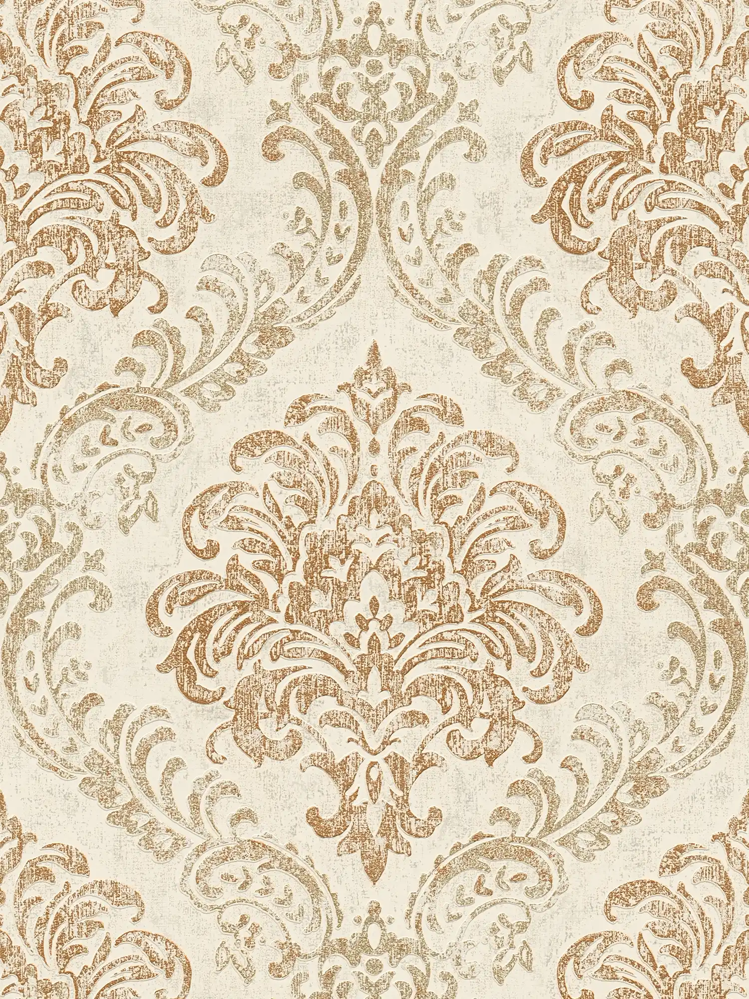 Baroque non-woven wallpaper with ornament and shiny metallic look - white, gold, silver
