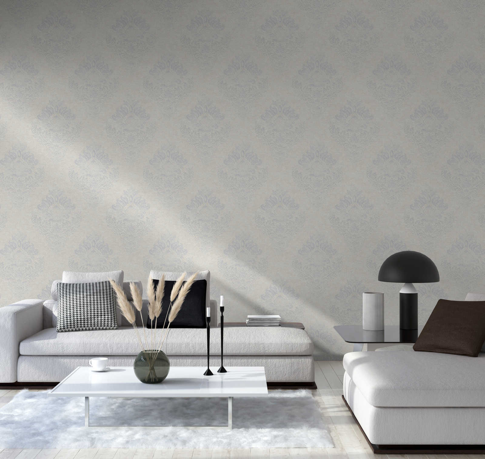             Non-woven wallpaper with floral ornaments & metallic luster - beige, grey, white
        